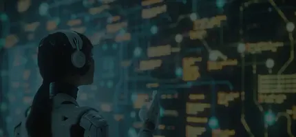 An AI girl is looking at circuit board.